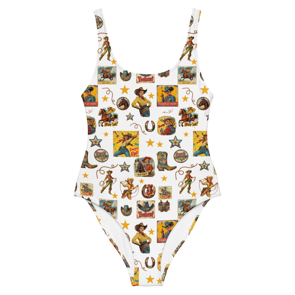 Baha Ranch Yeehaw Vintage Cowgirl Collage White One-Piece Swimsuit by Baha Ranch Western Wear