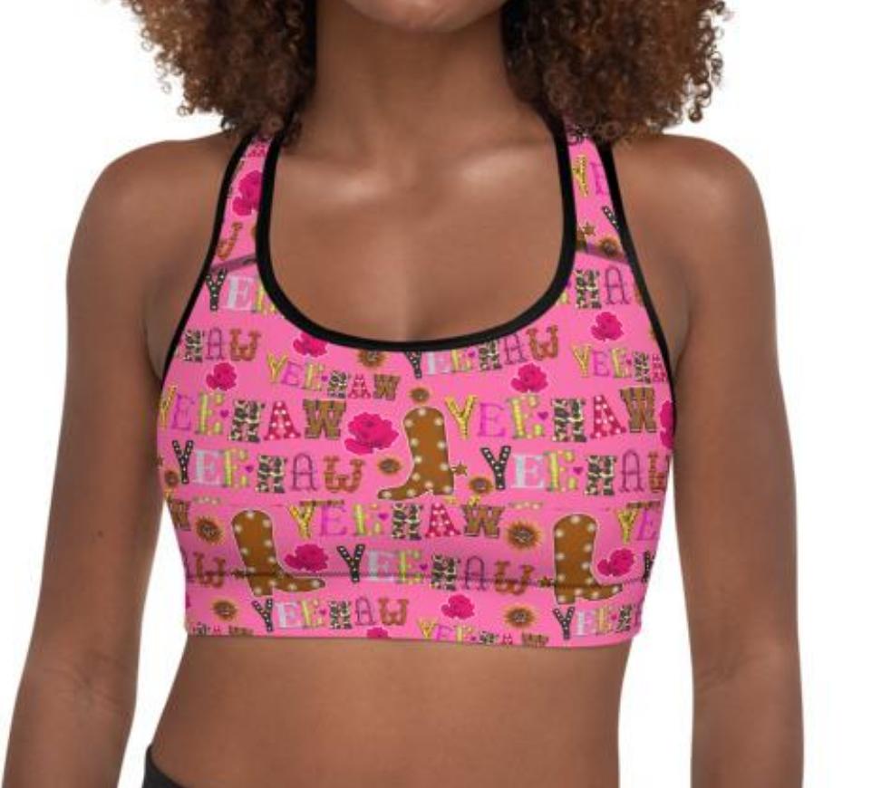 Hot Pink Yeehaw Padded Sports Bra by Baha Ranch Western Wear