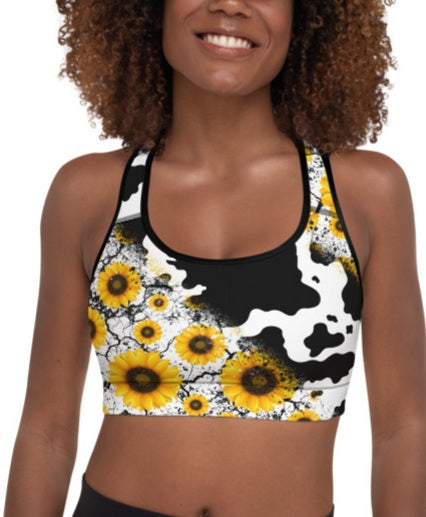 Cow Print Sunflower Sports Bra by Baha Ranch Western Wear