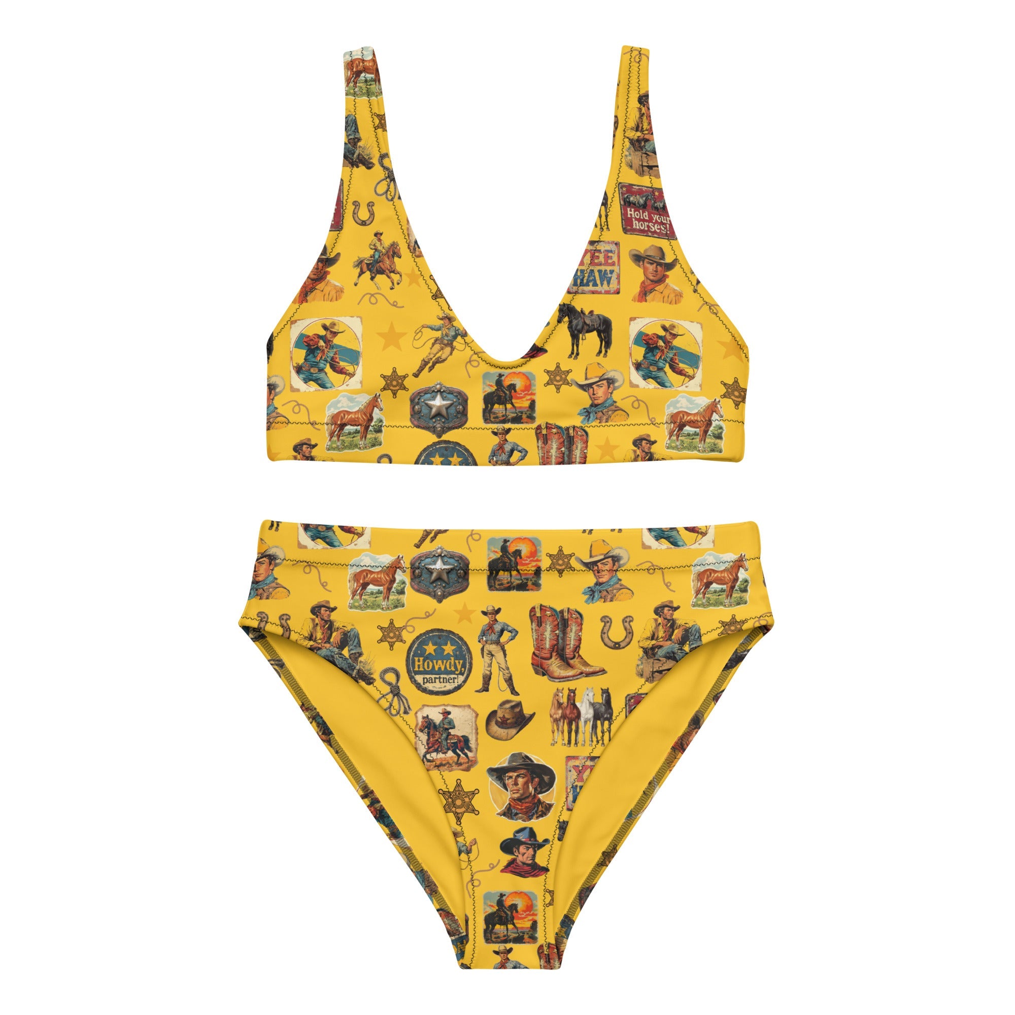 Baha Ranch Yeehaw Vintage Cowboy Collage Mustard Bikini by Baha Ranch Western Wear