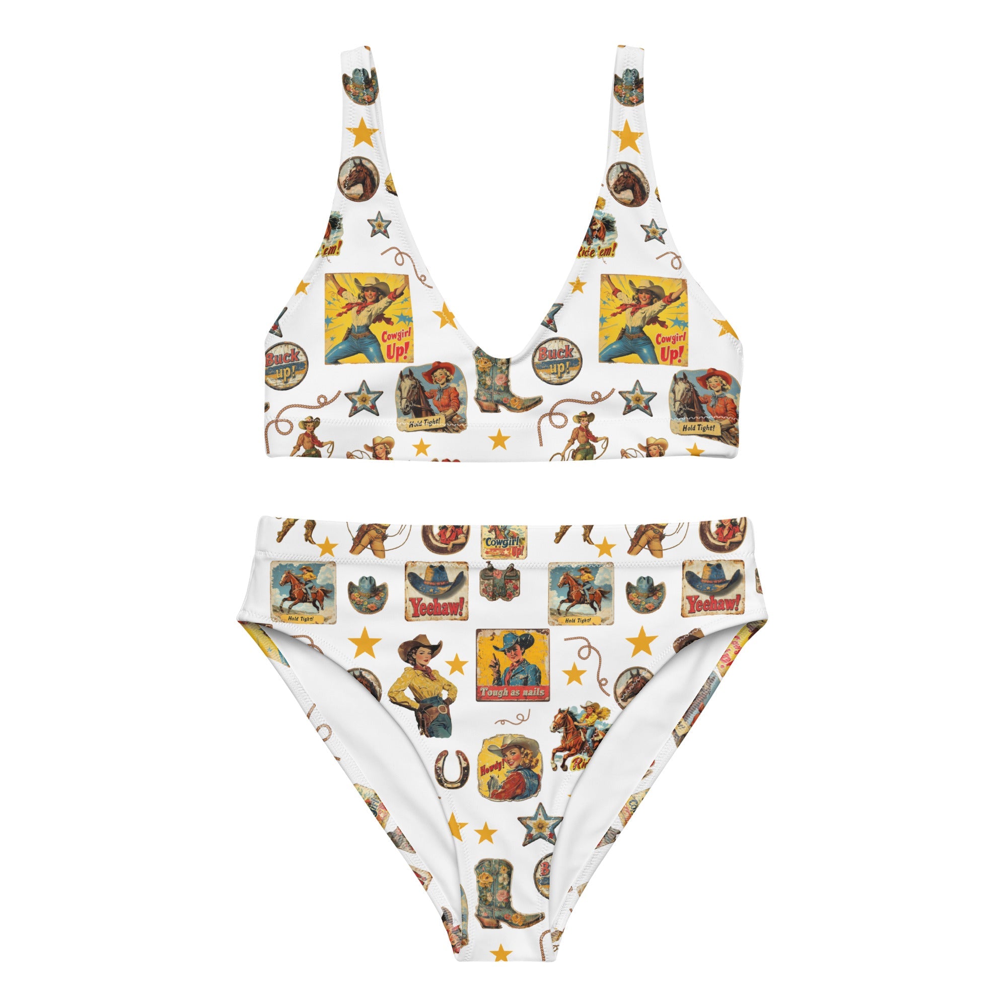 Baha Ranch Yeehaw Vintage Cowgirl Collage White Bikini by Baha Ranch Western Wear