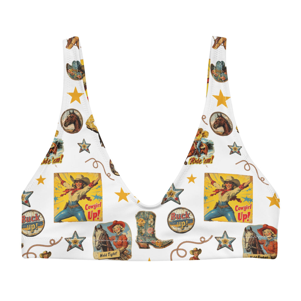Baha Ranch Yeehaw Vintage Cowgirl Collage White Bikini Top by Baha Ranch Western Wear