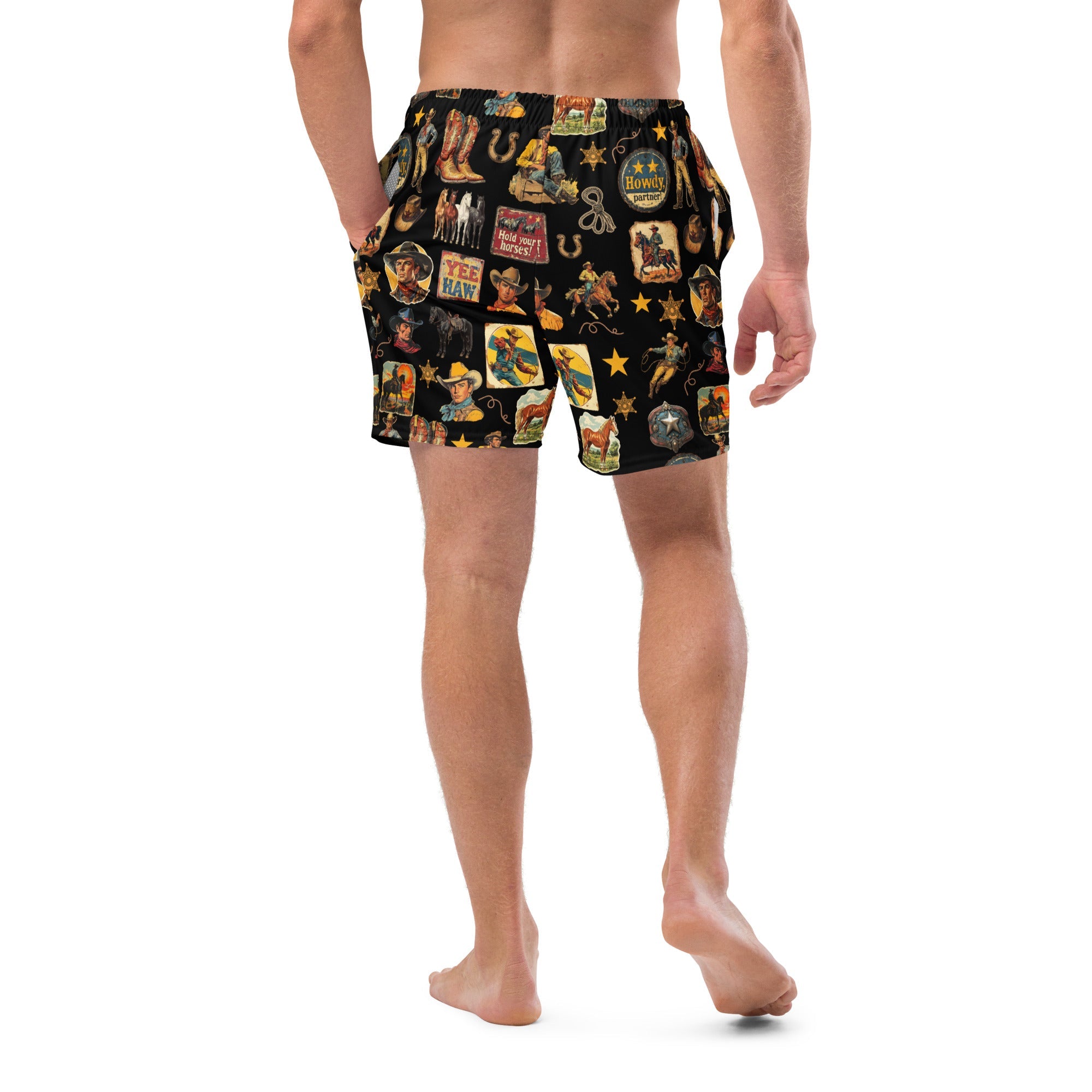 Baha Ranch YEEHAW Vintage Cowboy Collage Western Swim Trunks Shorts by Baha Ranch Western Wear