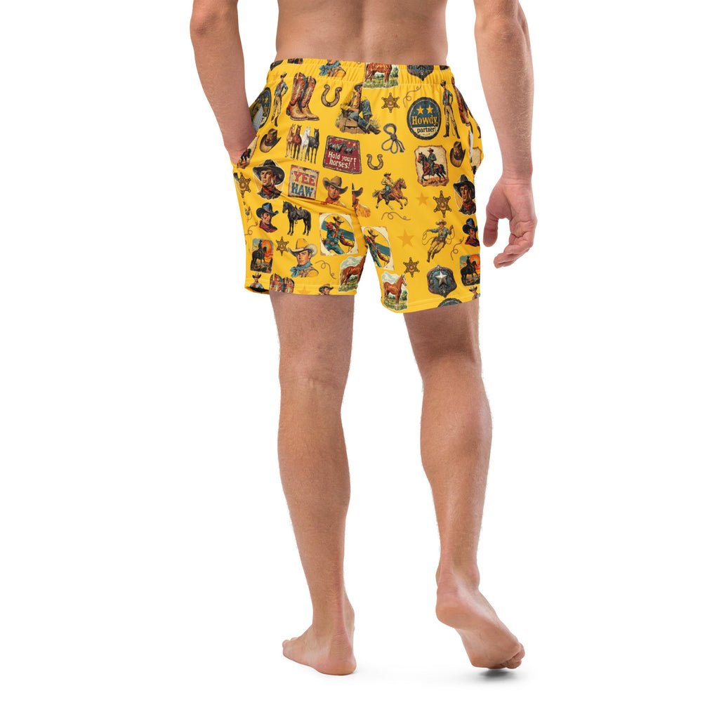 Baha Ranch YEEHAW Vintage Cowboy Collage Western Swim Trunks Shorts by Baha Ranch Western Wear