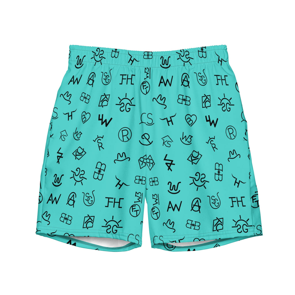 Baha Ranch Yeehaw Turquoise Cattle Brands Men's Swim Trunks by Baha Ranch Western Wear