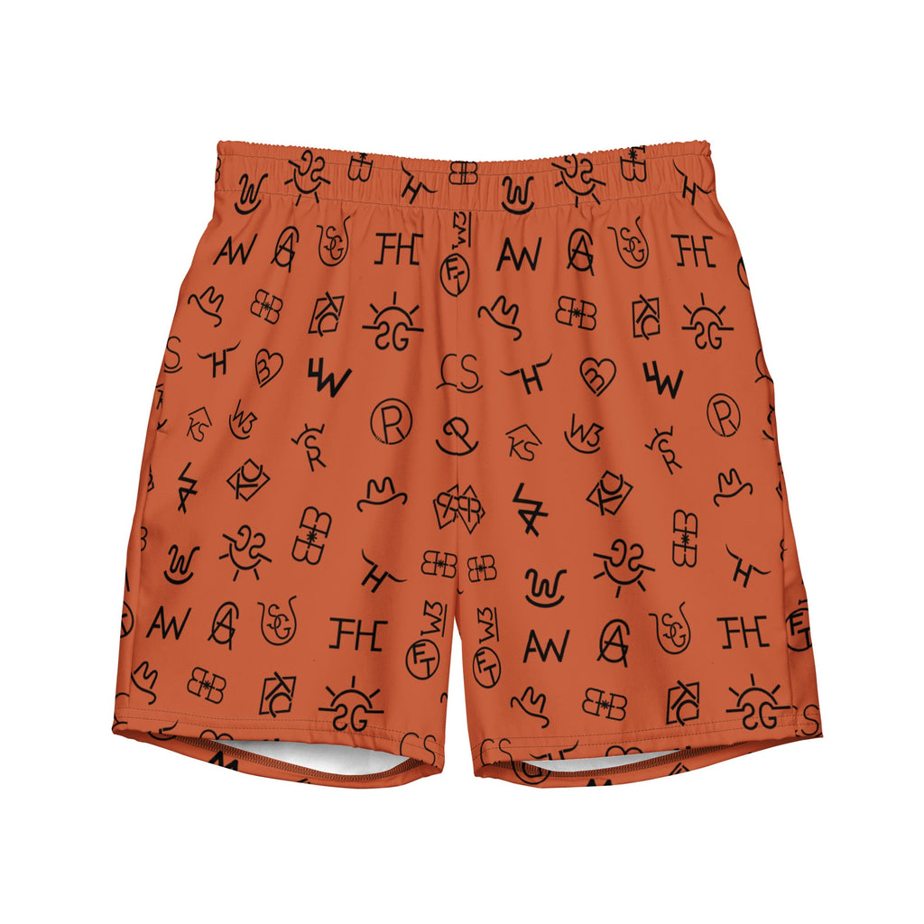 Baha Ranch Yeehaw Brown Cattle Brands Men's Swim Trunks by Baha Ranch Western Wear