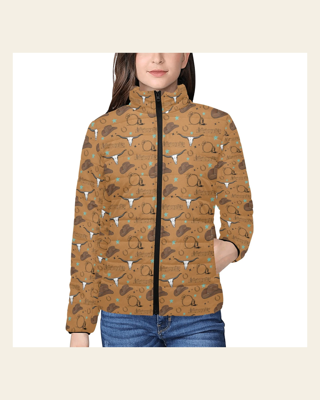 All Western Women's Puffy Bomber Jacket on a warm cream background