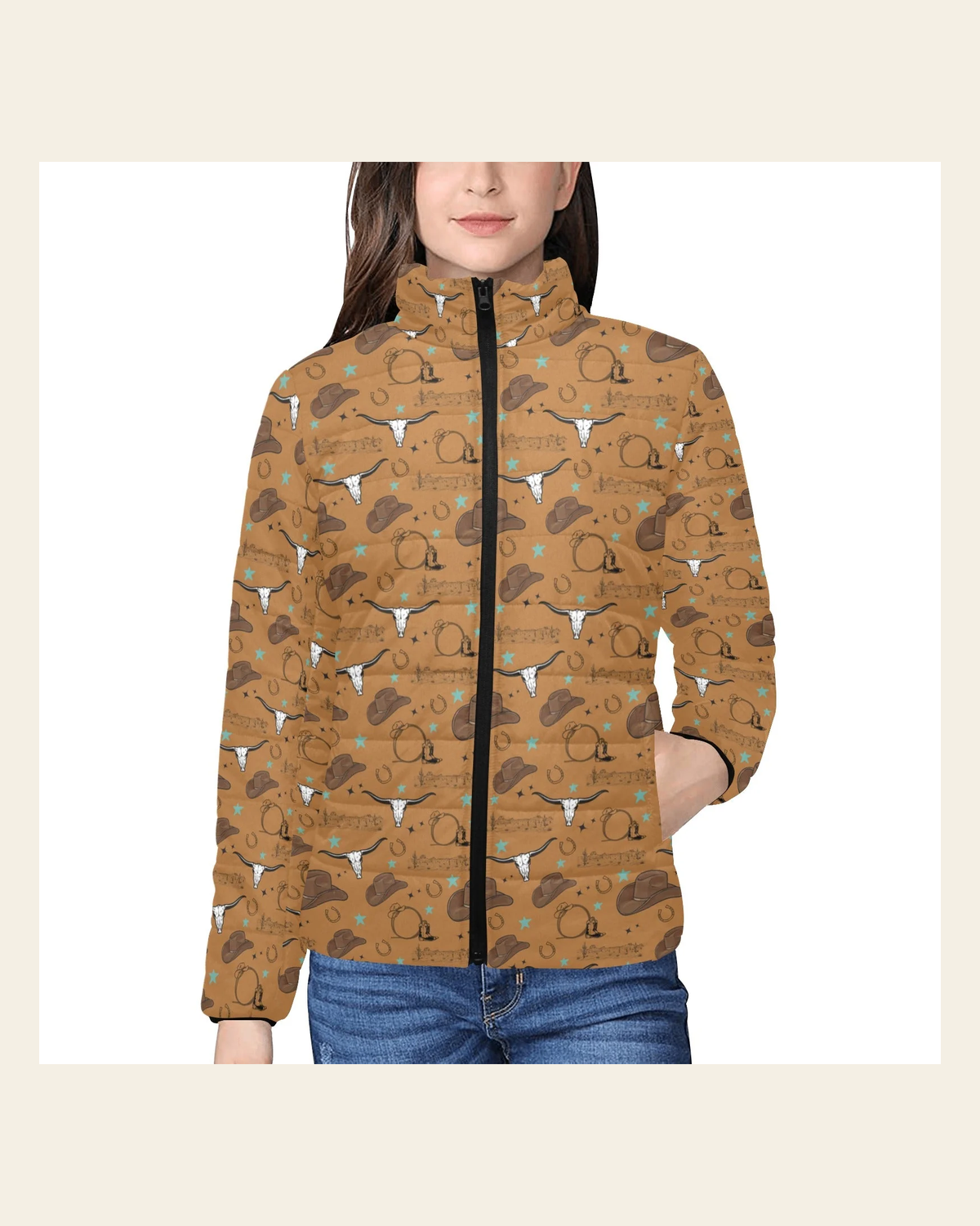All Western Women's Puffy Bomber Jacket on a warm cream background