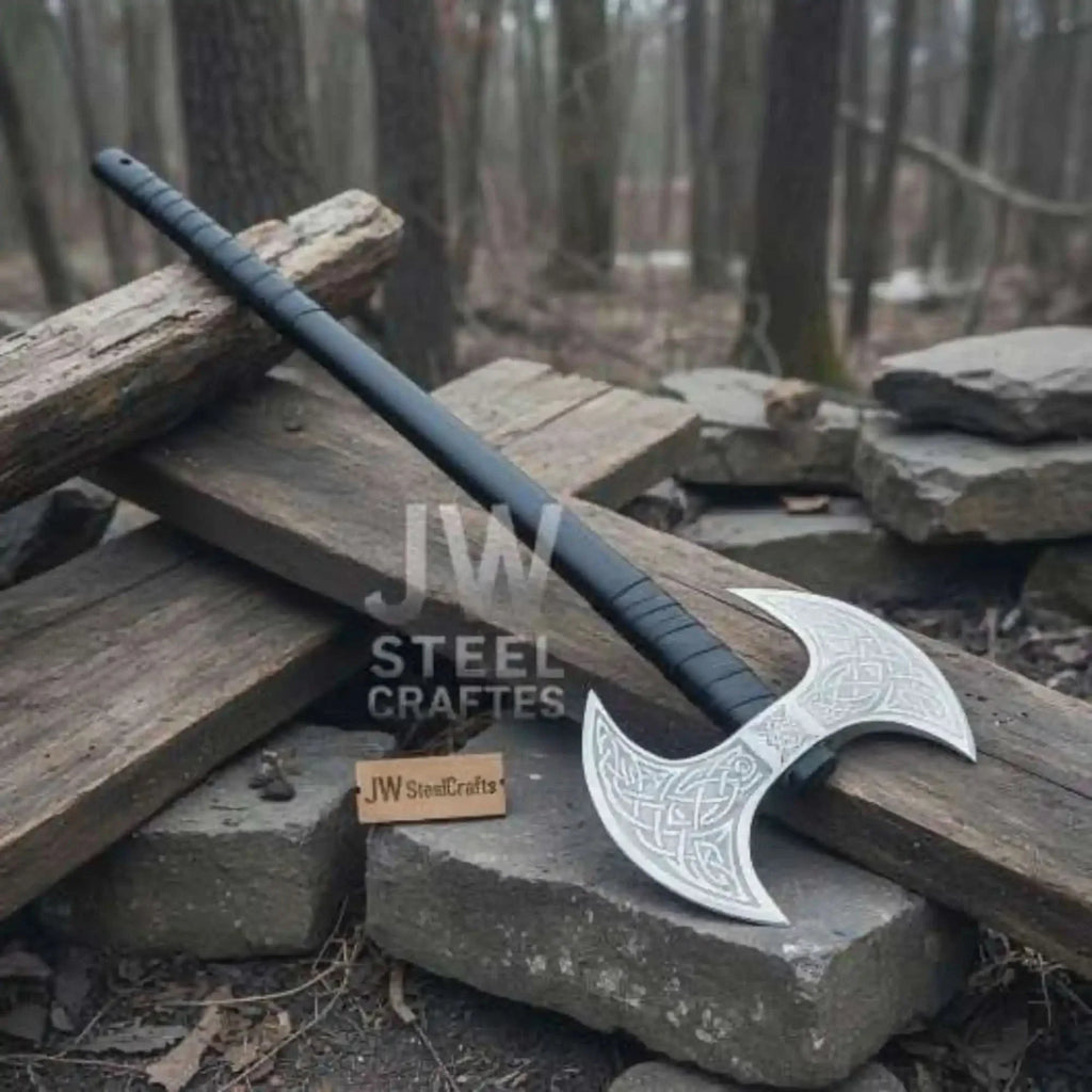 Custom Handmade Double-Headed Viking Axe with Nordic Knotwork Engravings and Cord-Wrapped Handle