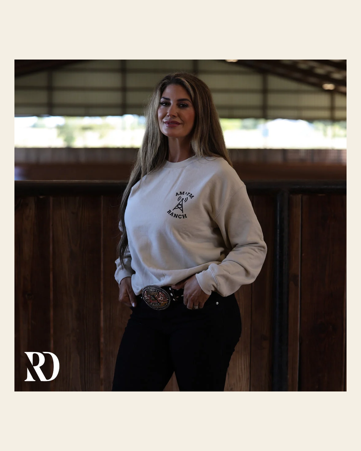 Am Fm Ranch | Crewneck on a warm cream background