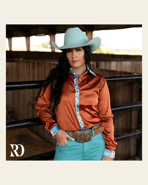 Amber Aztec Satin Performance Rodeo Shirt on a warm cream background