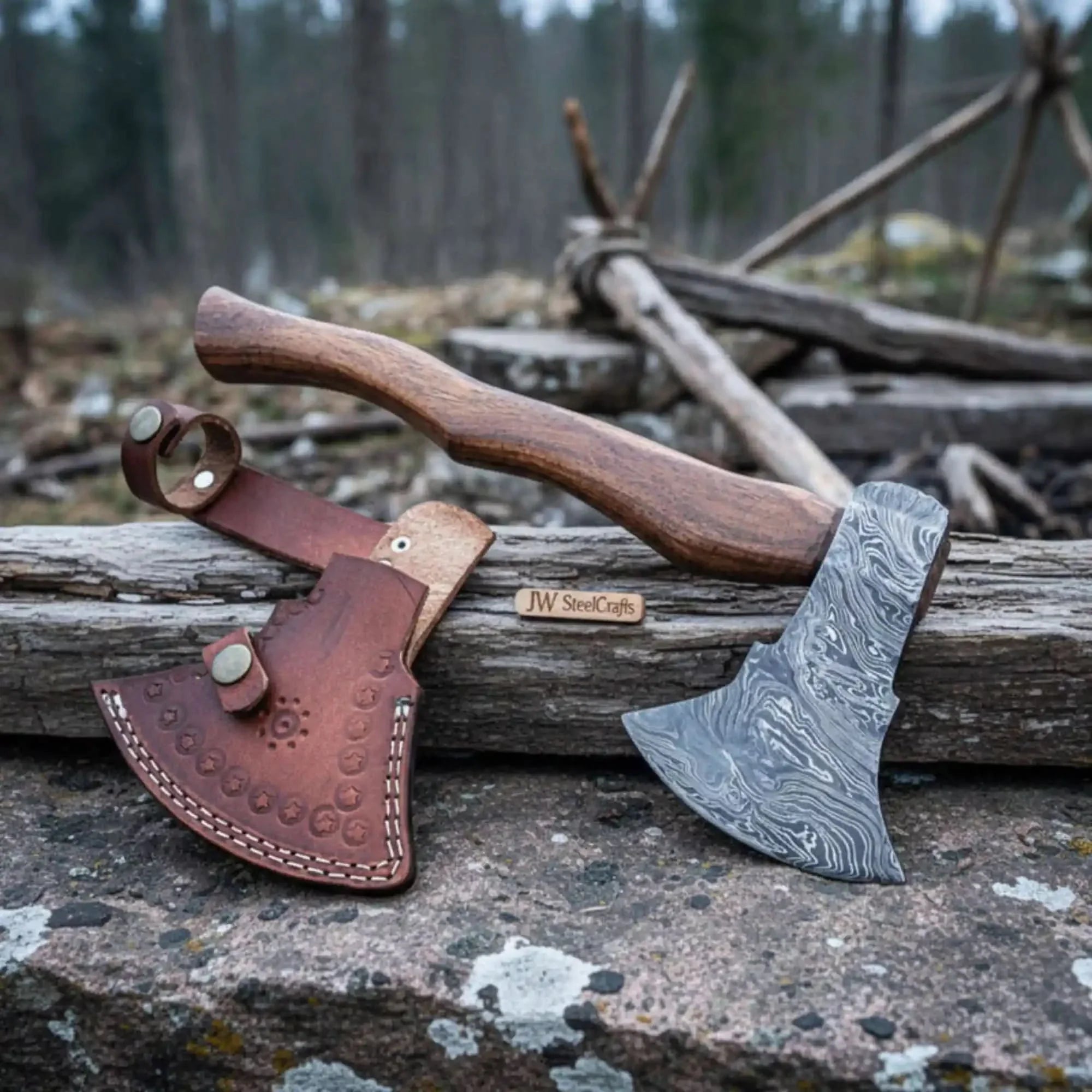 Damascus Scandinavian Carving Axe with Curved Hardwood Handle