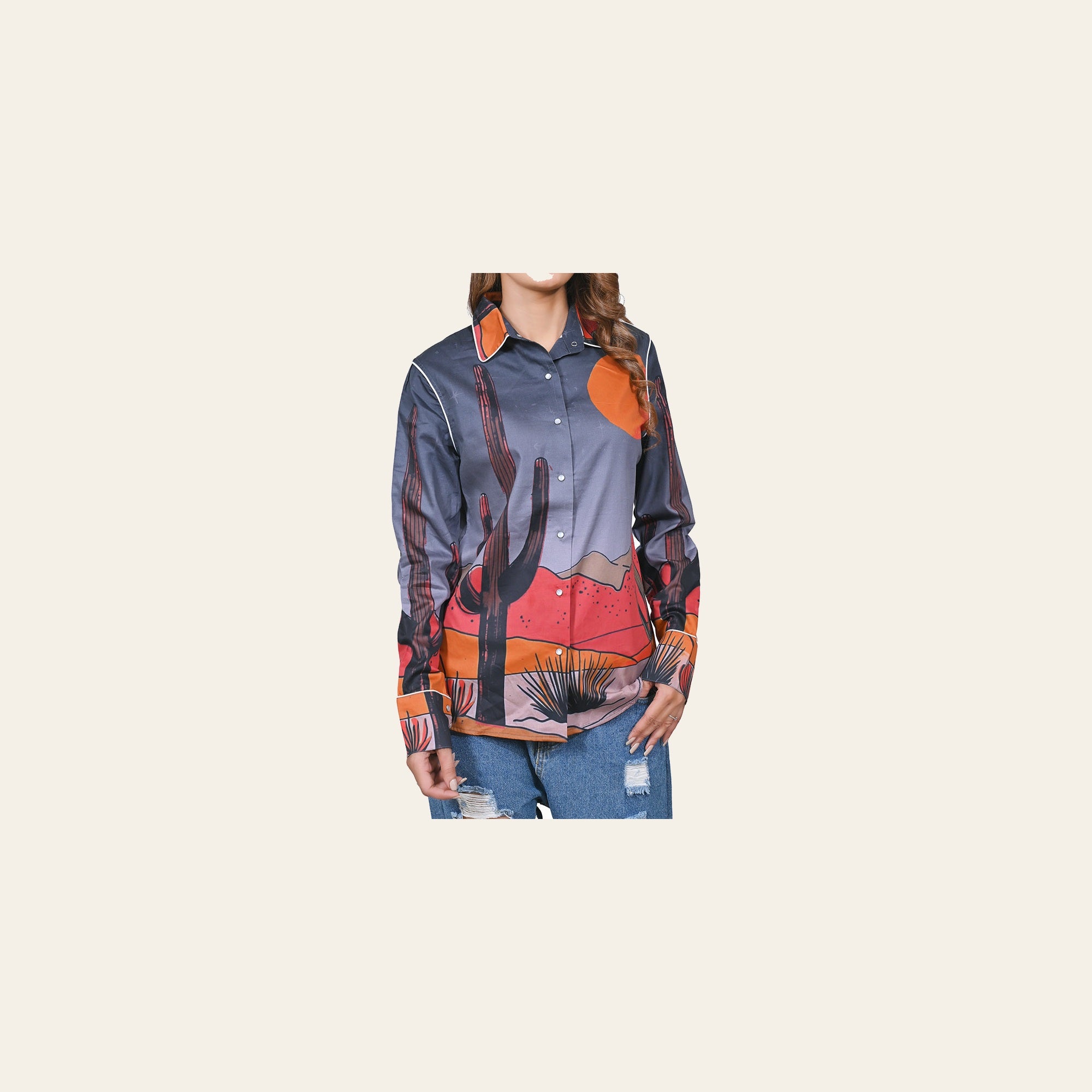 American Darling 100% Satin Cotton Western Shirt – Desert Cactus Graphic Button Down Top
