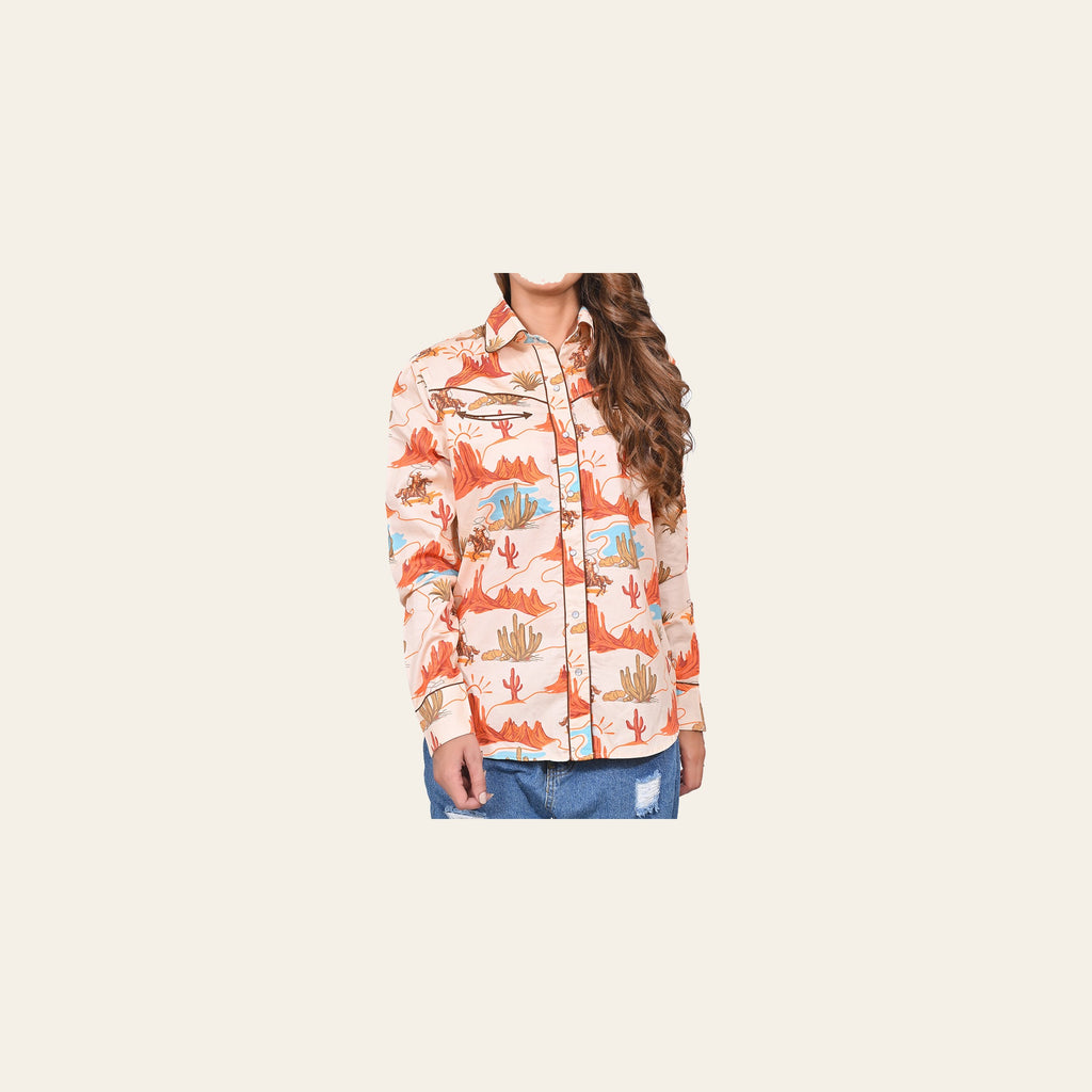 American Darling 100% Satin Cotton Western Shirt – Desert Canyon & Cowboy Print Button Down Top