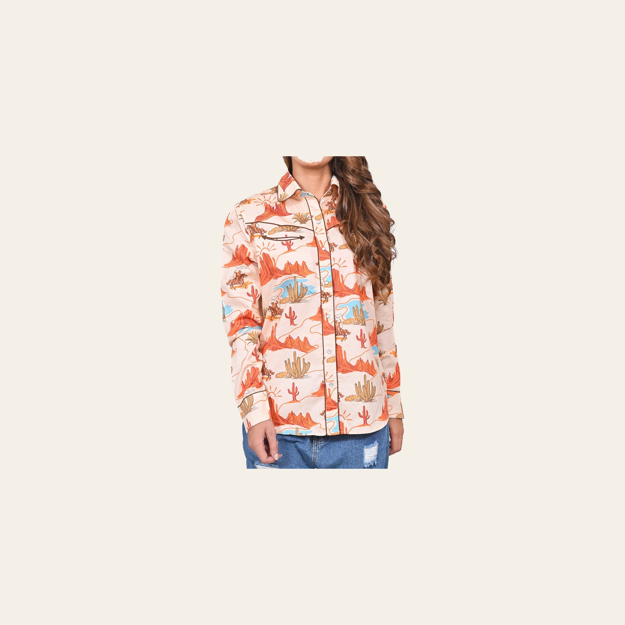 American Darling 100% Satin Cotton Western Shirt – Desert Canyon & Cowboy Print Button Down Top