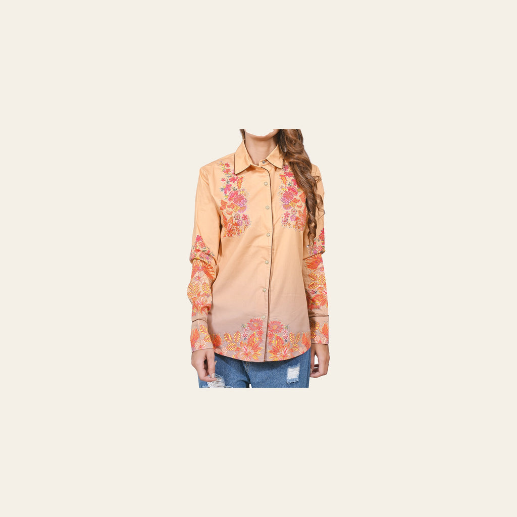American Darling 100% Satin Cotton Western Shirt – Peach Floral Crystal Rhinestone Snap Top