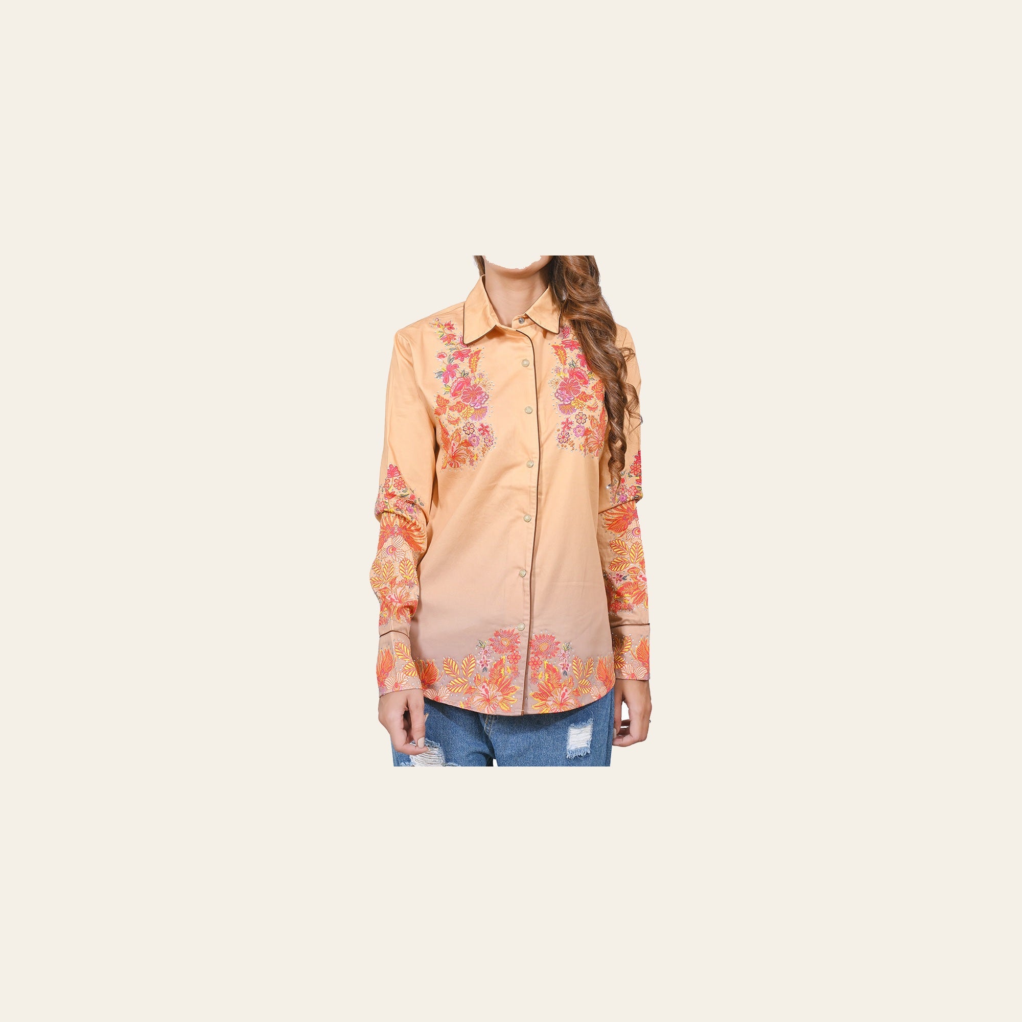 American Darling 100% Satin Cotton Western Shirt – Peach Floral Crystal Rhinestone Snap Top