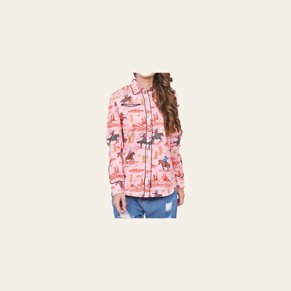 American Darling 100% Satin Cotton Western Shirt – Pink Cowboy Lasso Graphic Button Down Top