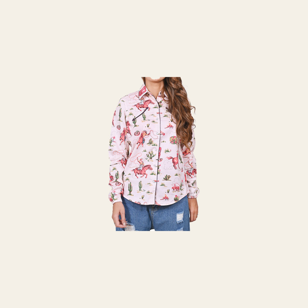 American Darling 100% Satin Cotton Western Shirt – Soft Pink Cowgirl Rodeo Print Button Down Top