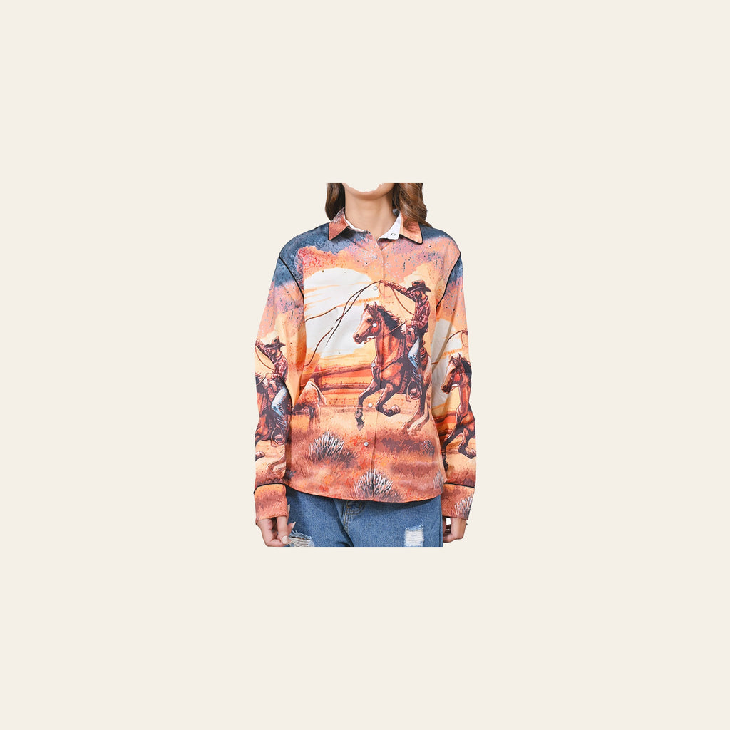 American Darling 100% Satin Cotton Western Shirt – Sunset Cowboy Rodeo Graphic Button Down Top