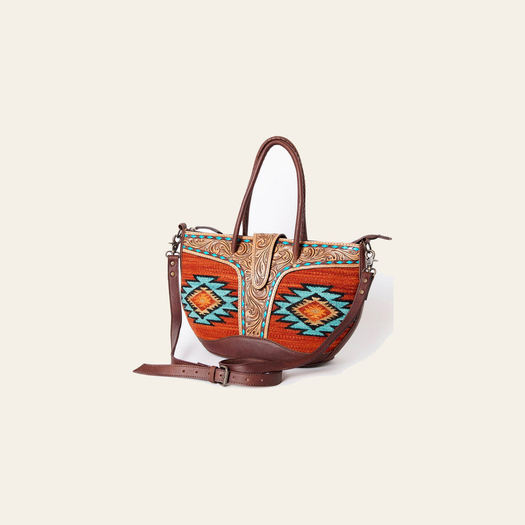 American Darling Western Tote Bag – Hand-Woven Saddle Blanket Design with Genuine Leather, Tooled Floral Accents, and Detachable Strap