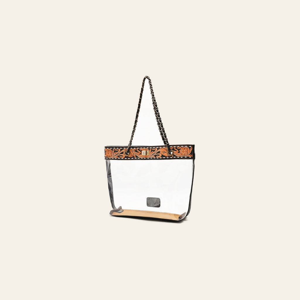 American Darling Western Clear Tote Bag – Hand-Tooled Genuine Leather Trim, Stadium-Approved, Lightweight Everyday Western Tote
