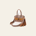 American Darling Hand-Tooled Leather & Hair-On Cowhide Tote Bag with Fringe – Genuine Leather Western Handbag for Everyday & Travel