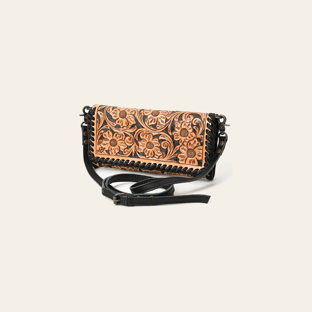 American Darling Western Crossbody Wallet Handcrafted from Tooled Genuine Leather | Floral Carved Flap, Braided Edge & Zip Pocket