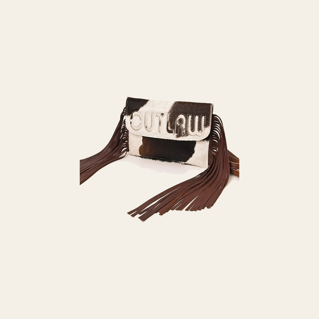 American Darling Western Clutch Handcrafted from Hair-On Cowhide Wallet Hand Bag | Slogan Cut-Out Flap, Long Leather Fringe & Crossbody Strap