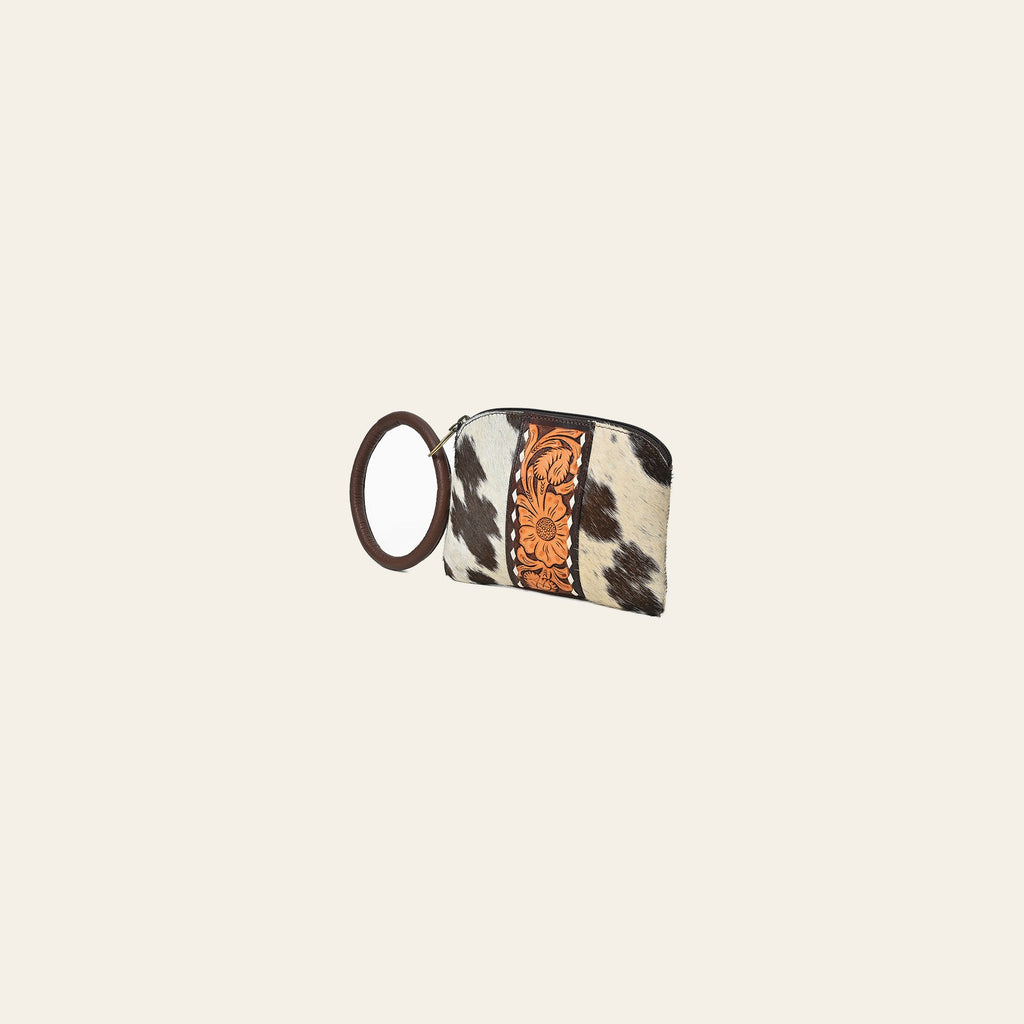 American Darling Western Wristlet Pouch Handcrafted from Hair-on Cowhide & Hand-Tooled Leather | Floral Carved Panel & Oversized O-Ring Handle