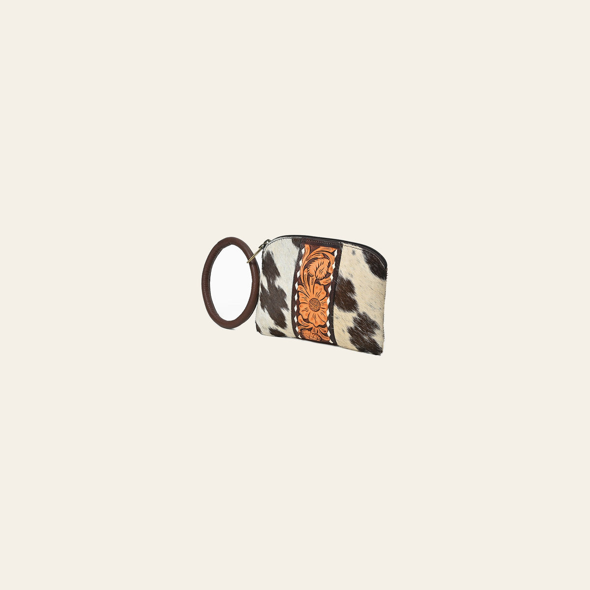 American Darling Western Wristlet Pouch Handcrafted from Hair-on Cowhide & Hand-Tooled Leather | Floral Carved Panel & Oversized O-Ring Handle