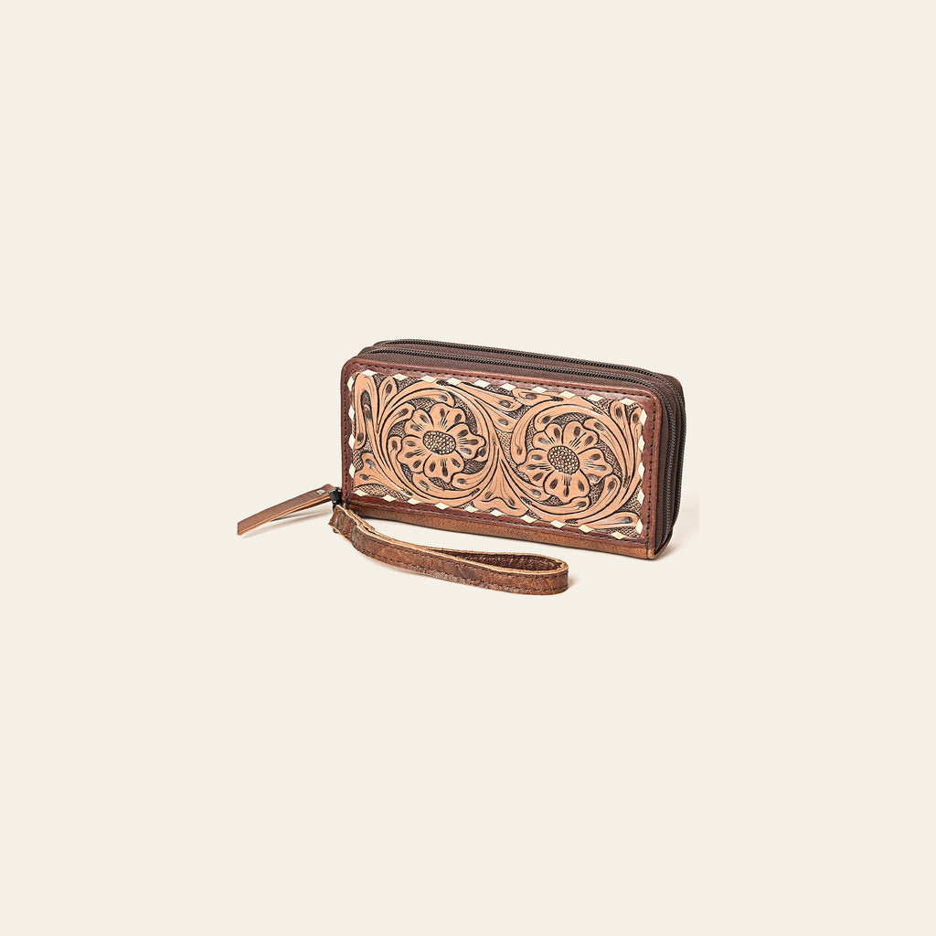 American Darling Hand-Tooled Leather Wristlet Bag – Genuine Floral Carved Wallet with Premium Buckstitch Detailing