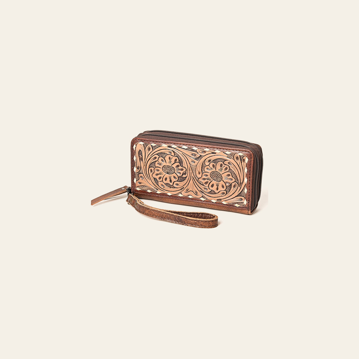 American Darling Hand-Tooled Leather Wristlet Bag – Genuine Floral Carved Wallet with Premium Buckstitch Detailing