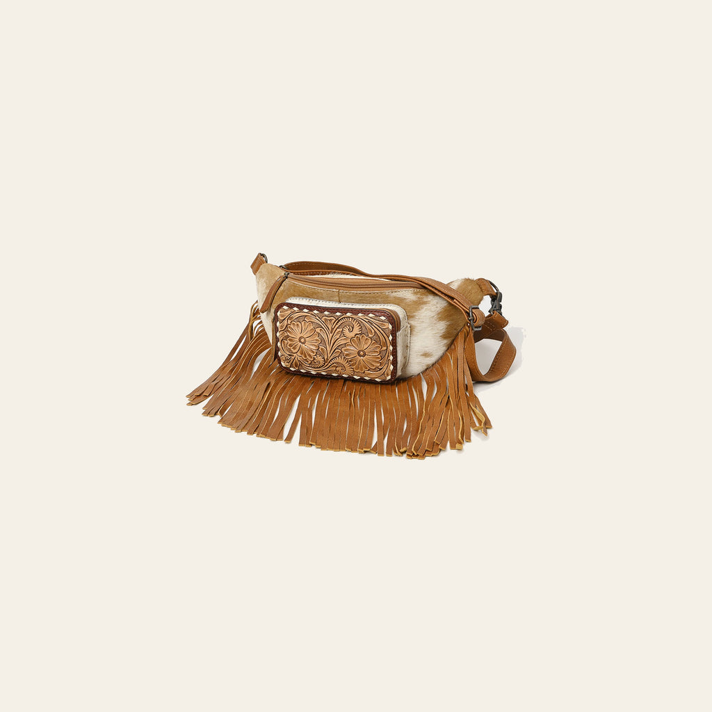 American Darling Western Leather Fanny Pack with Hair-On Cowhide, Fringe Detailing, Hand-Tooled Front Pocket & Adjustable Strap