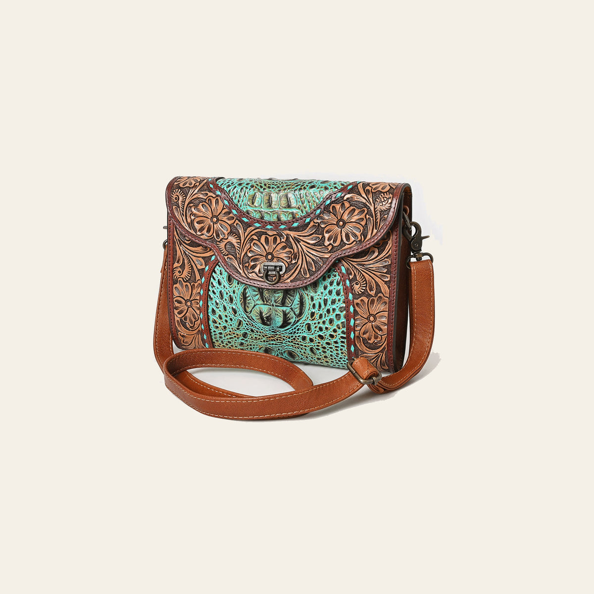 American Darling Western Crossbody Clutch Handcrafted from Tooled Leather & Crocodile Embossed | Multi-Textured Flap Bag
