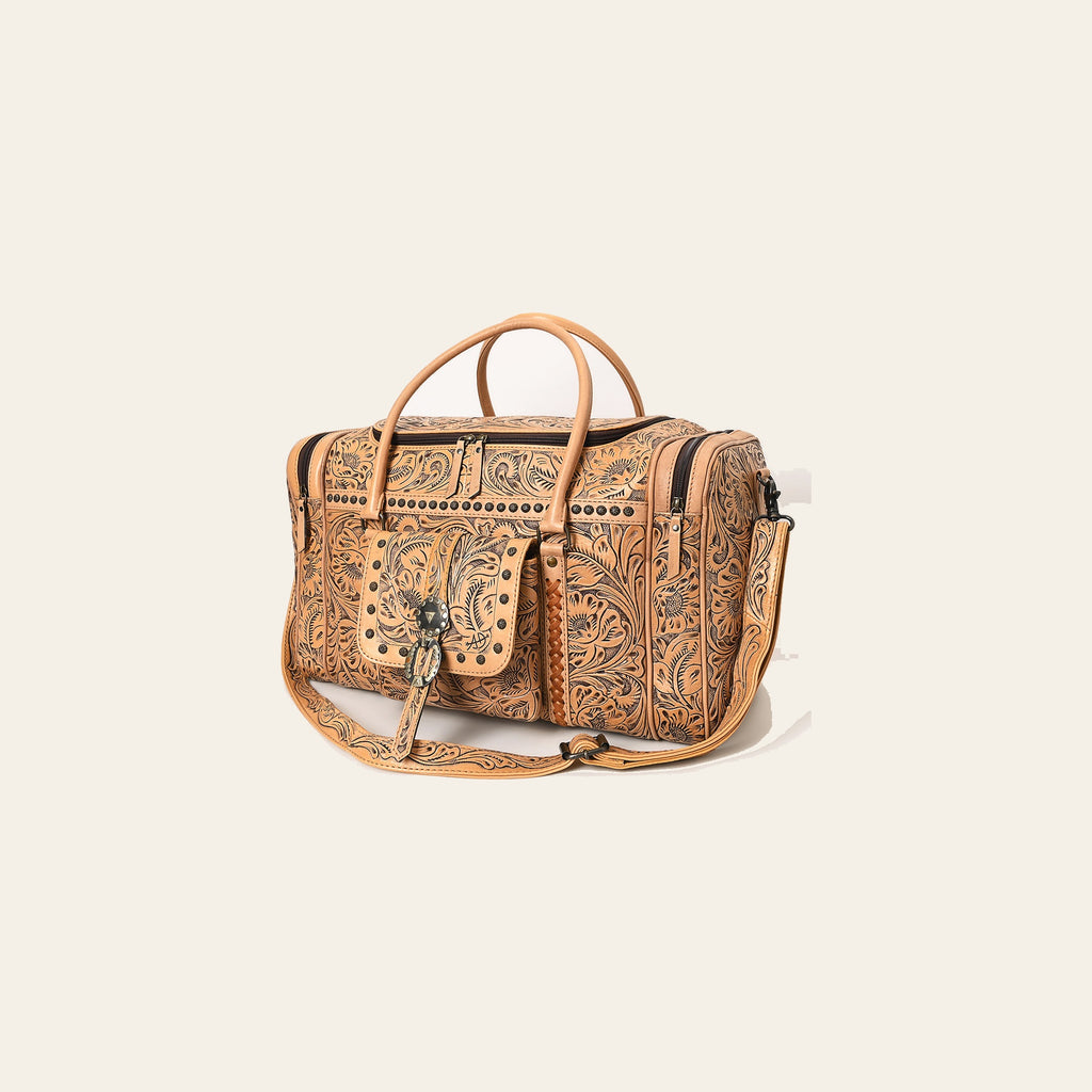 American Darling Western Travel Duffel Bag Handcrafted from Hand Tooled Genuine Leather | Floral Carved & Concho Accent Weekend Bag