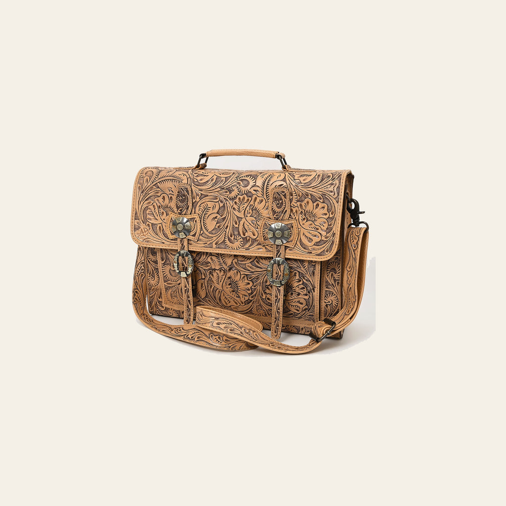 American Darling Western Laptop Briefcase Handcrafted from Hand Tooled Genuine Leather | Floral Carved Flap & Basketweave Body