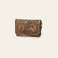 American Darling Western Wristlet Pouch Handcrafted from Tooled Genuine Leather Wallet | Floral Carved Flap & Contrast Buckstitch Detail