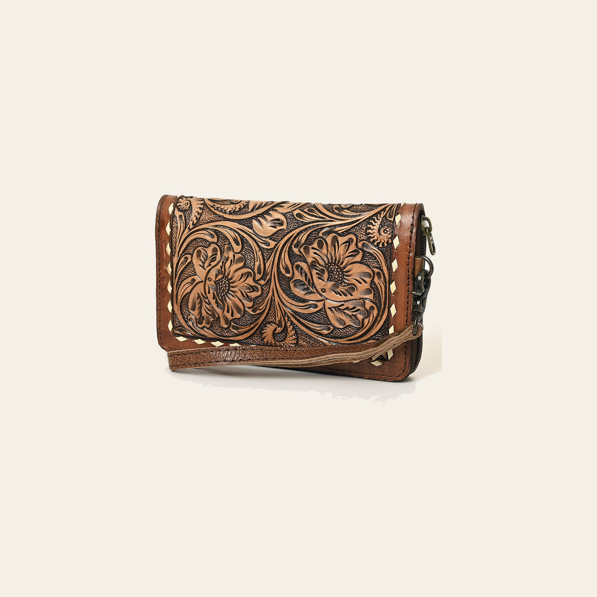 American Darling Western Wristlet Pouch Handcrafted from Tooled Genuine Leather Wallet | Floral Carved Flap & Contrast Buckstitch Detail