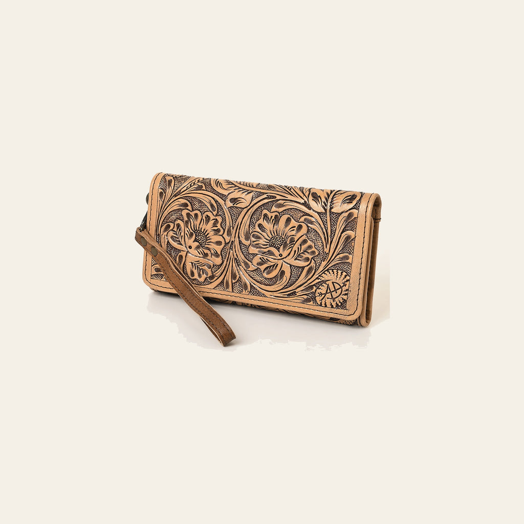 American Darling Western Trifold Wallet Handcrafted from Hand-Tooled Genuine Leather | Floral Carved Organizer with Detachable Wristlet