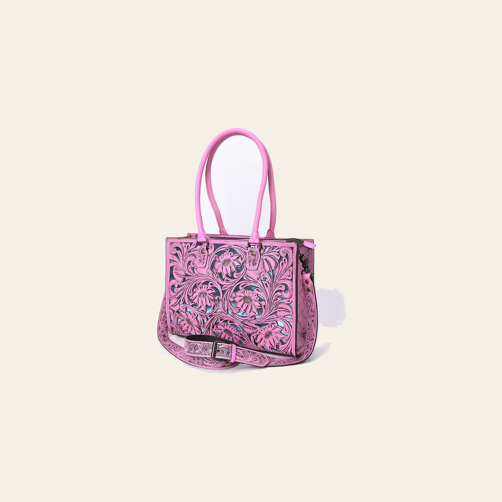 American Darling Western Tote Bag Handcrafted from Pink Hand-Tooled Genuine Leather | Floral Carved Purse with Dual Front Zip Pockets