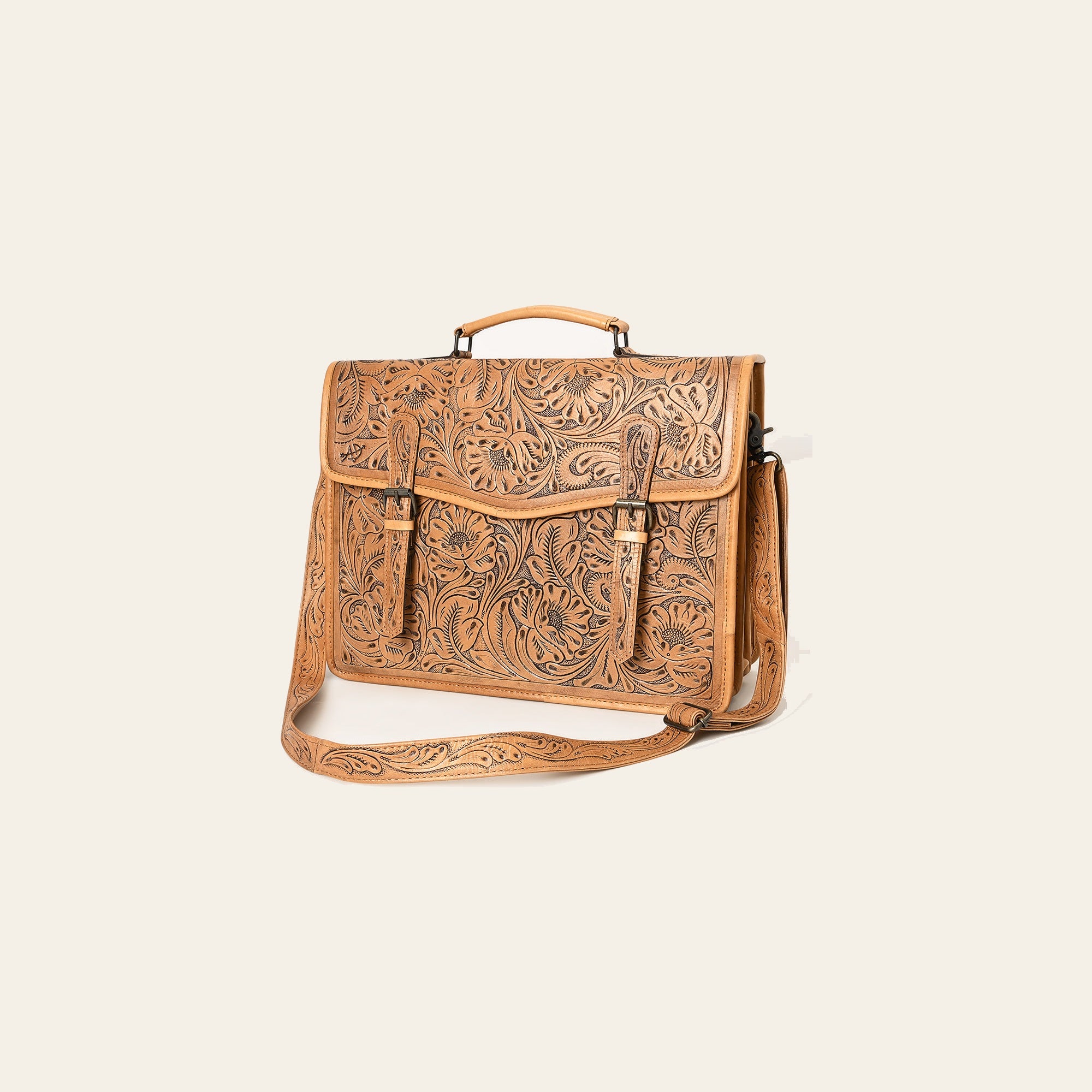 American Darling Western Hand-Tooled Genuine Leather Briefcase Bag with Floral Carving – Durable Work & Travel Organizer