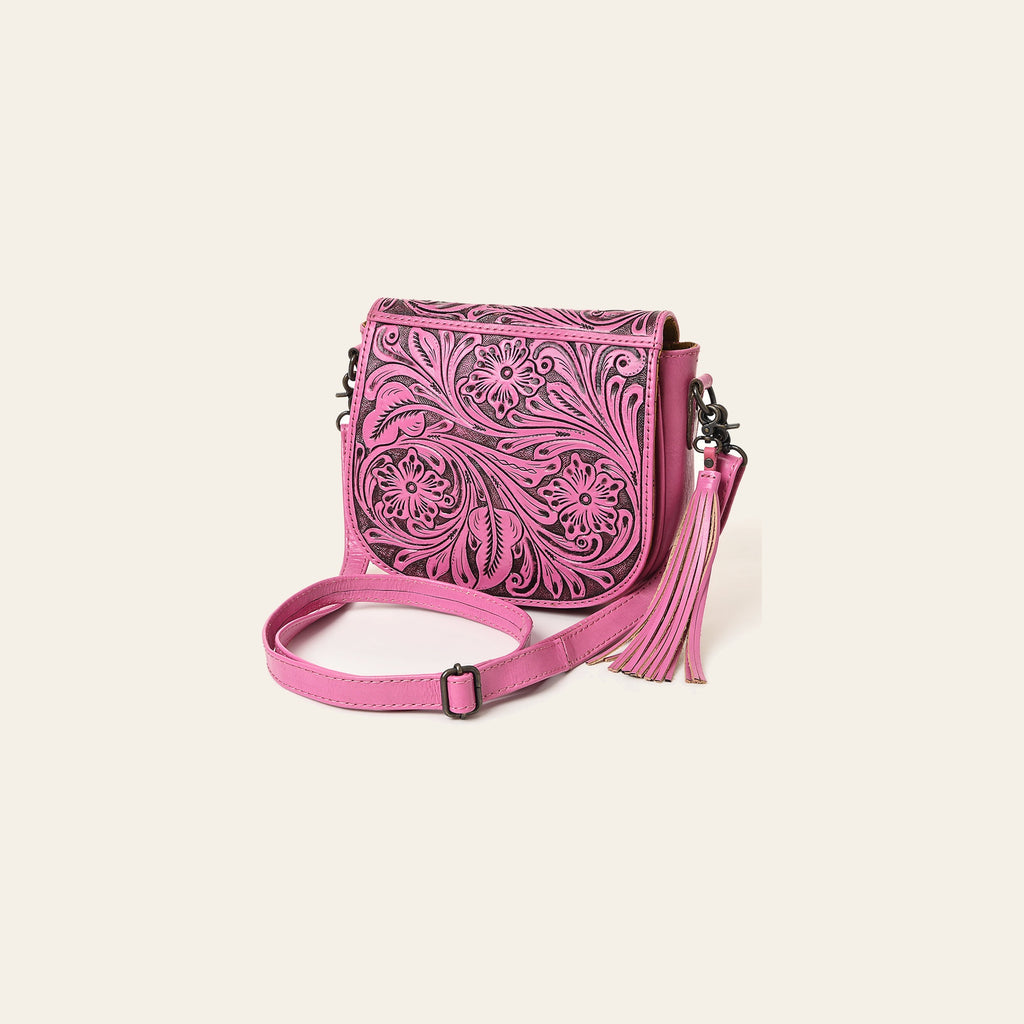 American Darling Hand-Tooled Western Leather Crossbody Bag with Tassel | Genuine Leather Pink Floral Carved Purse | 7in (H) X 8.5in (W) X 2in (D)