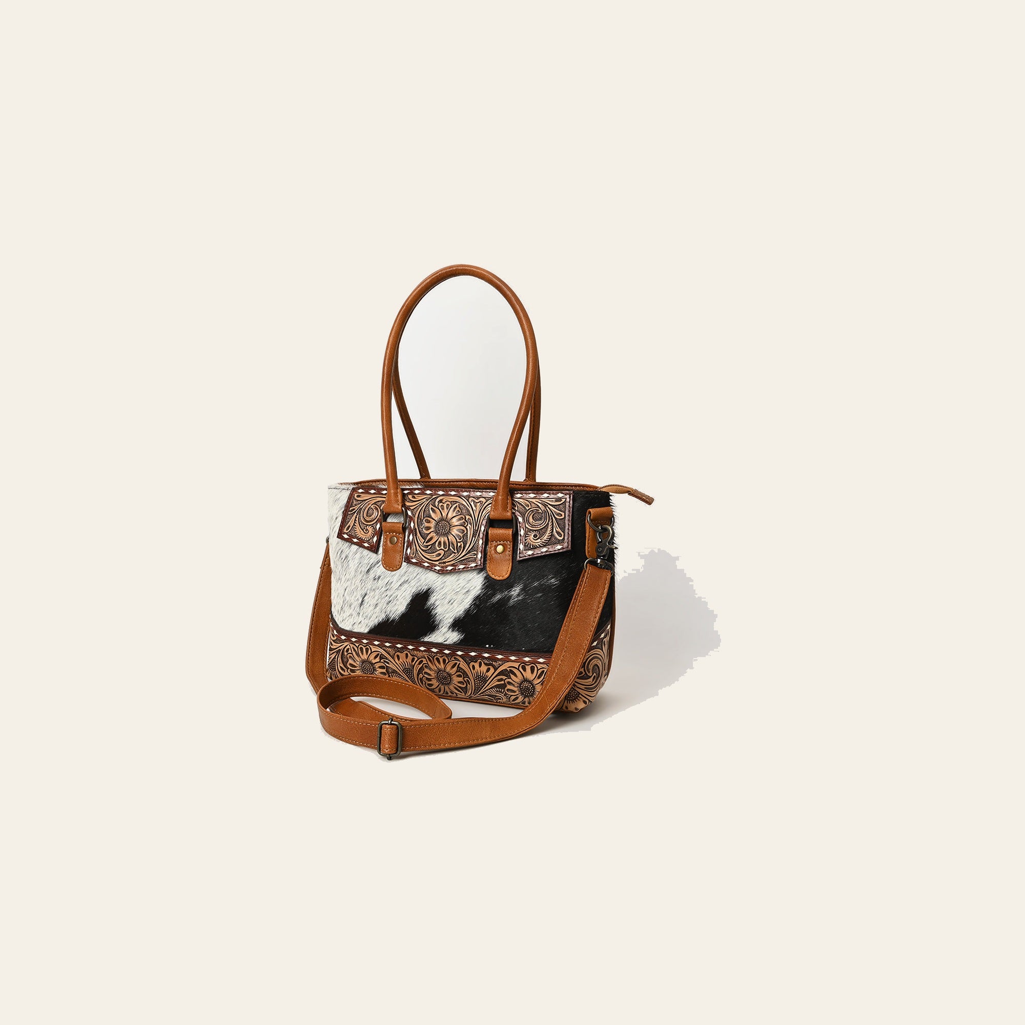 American Darling Western Tote Bag – Genuine Leather Hair-On Cowhide with Hand-Tooled Floral Carving for Everyday Western Style