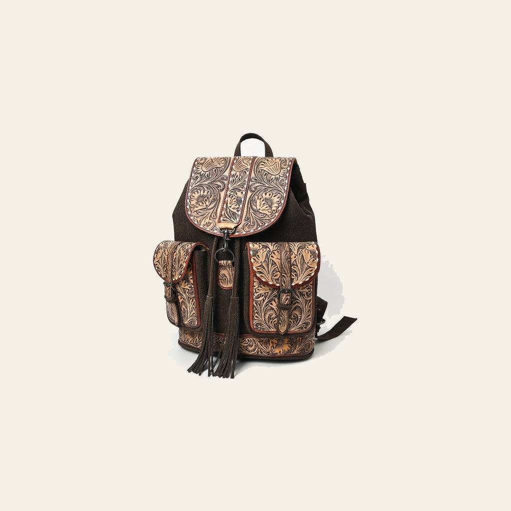 Western Leather Backpack Bag with Hand-Tooled Floral Carving, Genuine Suede Leather, Adjustable Straps, Spacious Interior, Premium Craftsmanship
