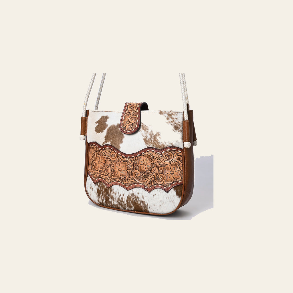 American Darling Cross Body Bag Handcrafted from Hair-On Cowhide & Hand-Tooled Genuine Leather | Floral Carved Accent & Buckstitch Detail