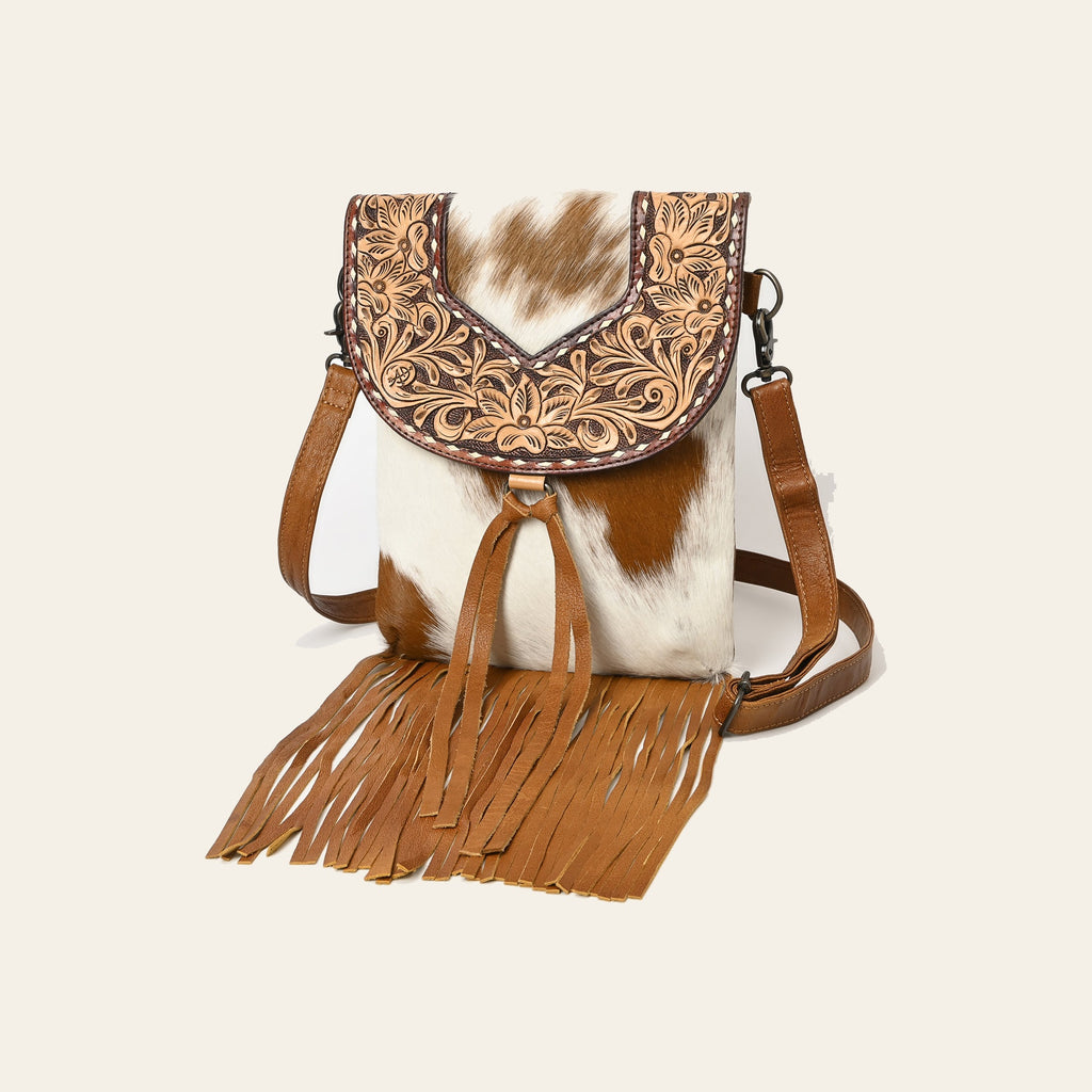 American Darling Cross Body Bag Handcrafted from Hair-On Cowhide & Hand-Tooled Genuine Leather | Floral Carved Flap & Long Tassel