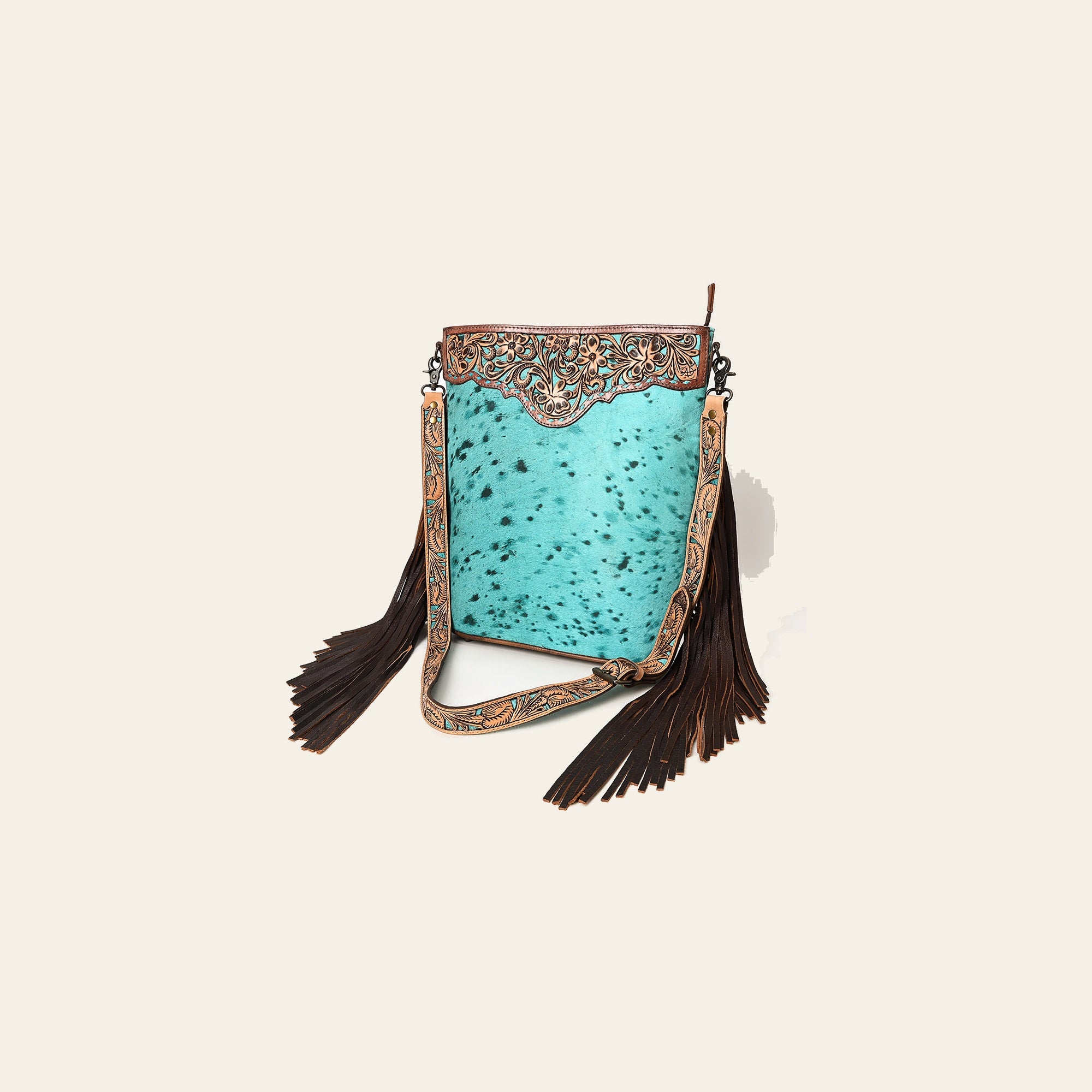 American Darling Hand-Tooled Leather Large Crossbody Bag for Women | Hair-On Cowhide Fringe Western Purse | Full-Grain Leather Crossbody