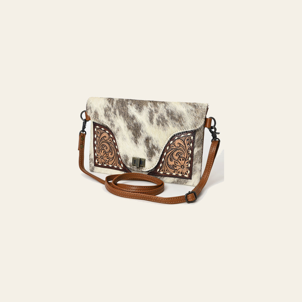 American Darling Hair-On Cowhide Envelope Bag | Hand-Tooled Floral Genuine Leather Western Crossbody | Full-Grain Leather Envelop Purse