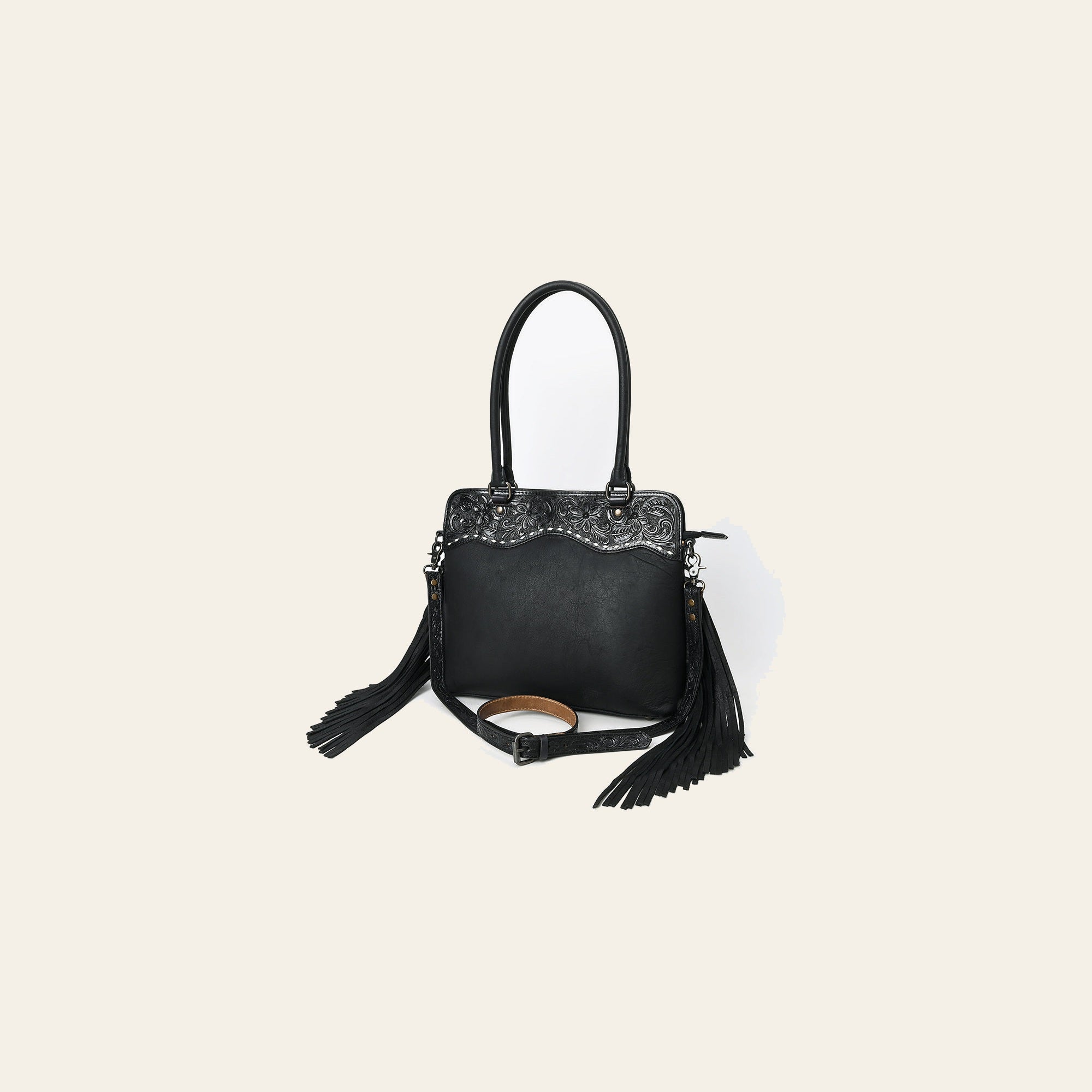Western Leather Tote Bag with Hand-Tooled Floral Panel Buckstitched Genuine Leather Fringe Tote by American Darling